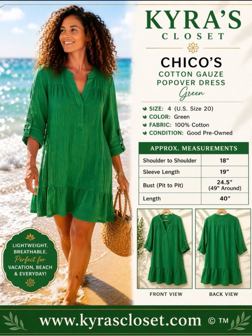 Chico’s Cotton Gauze Popover Dress Green Size 4 (US 20) Roll Tab Sleeve